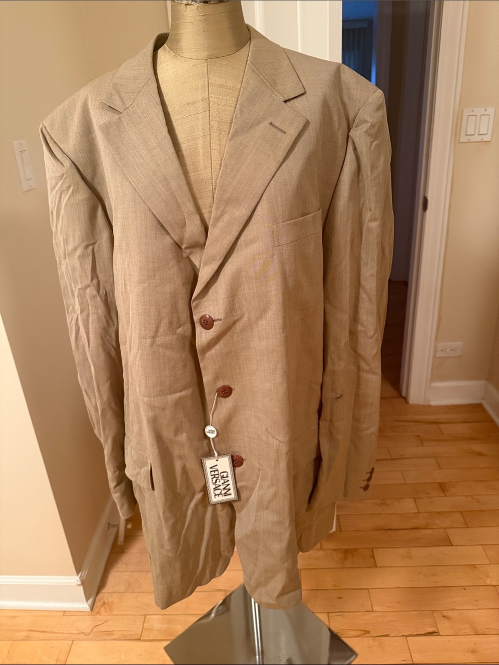 Versace Beige Men's Single-Breasted Blazer with Brown Buttons